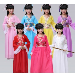 Yellow light pink purple violet red blue turquoise girls kids children baby chinese folk dance style fairy dynasty princess classical ancient stage performance  cos play dance costumes dresses outfits